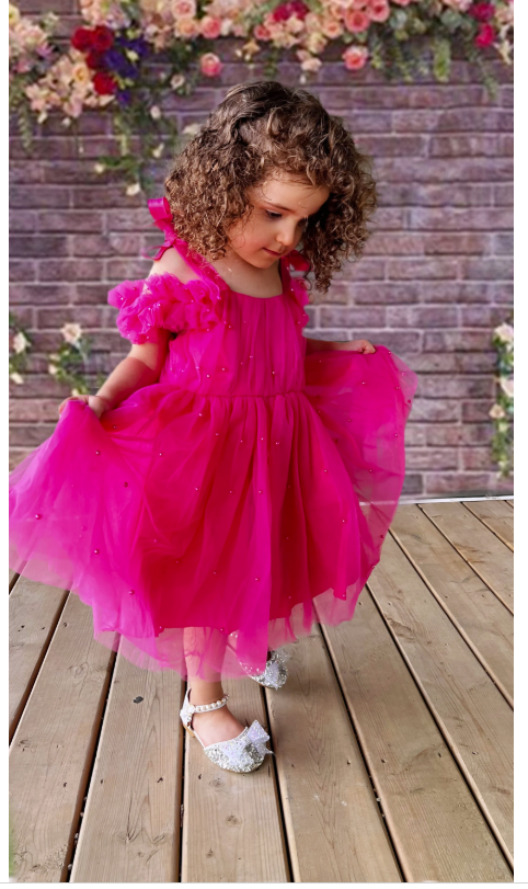 Hot Pink Tulle Girls Dress With Pearls