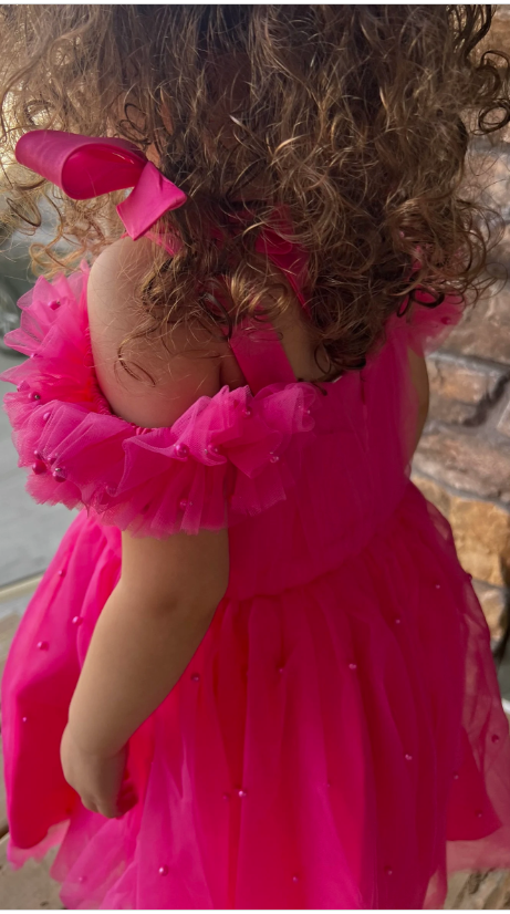 Hot Pink Tulle Girls Dress With Pearls