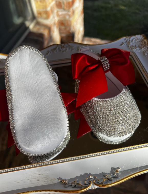 Silver Sparkle Baby Shoes With Red Bow