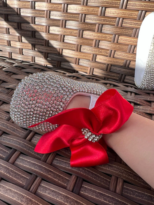 Silver Sparkle Baby Shoes With Red Bow