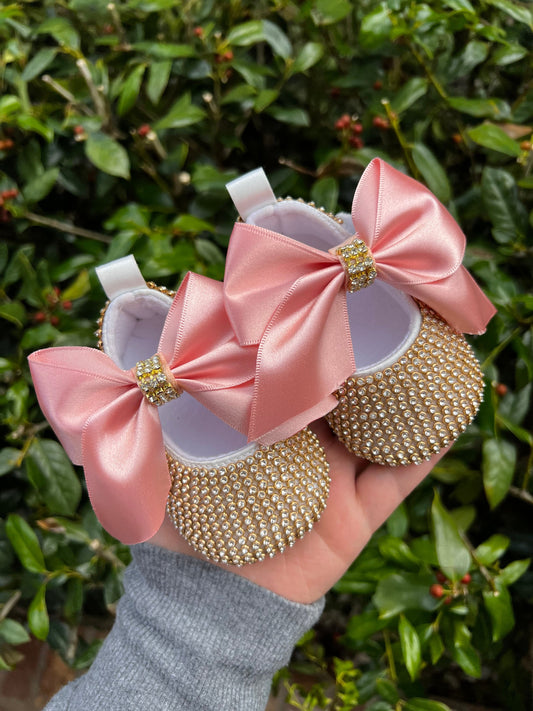 Gold Sparkle Baby Shoes With Pink Bow