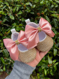 Gold Sparkle Baby Shoes With Pink Bow