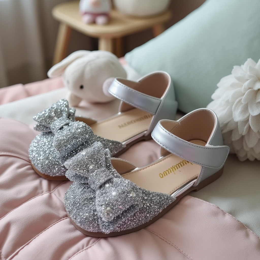 Silver Girls Dress Shoes With Bow