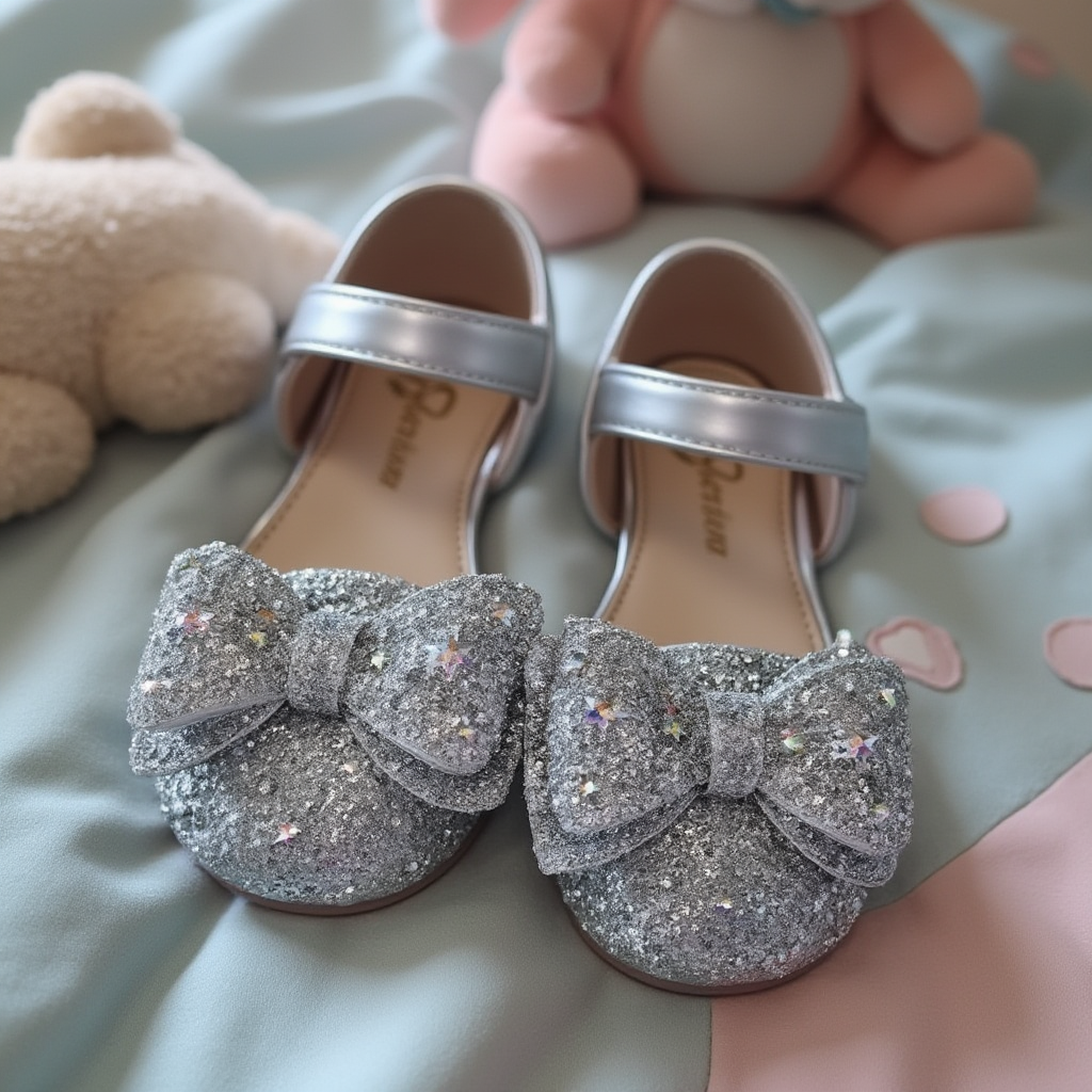 Silver Girls Dress Shoes With Bow