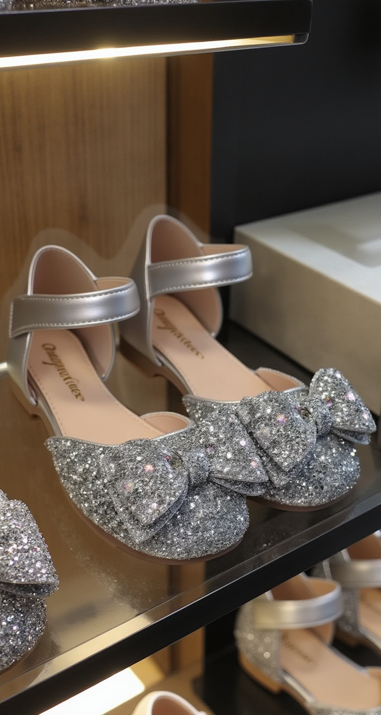 Silver Girls Dress Shoes With Bow