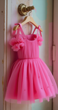 Hot Pink Tulle Girls Dress With Pearls